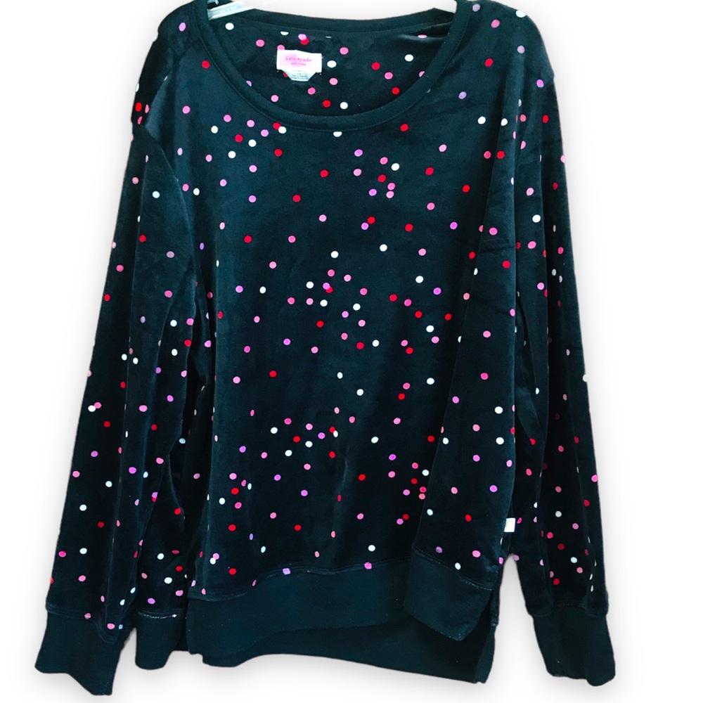 KATE SPADE Polka Dot Stretch Velour Top Sweatshirt Crew Neck Sweater Confetti L